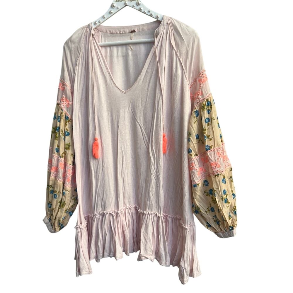 New $128 Free People MIX IT UP Large Pink Floral Beaded Tunic Top / Mini Dress
